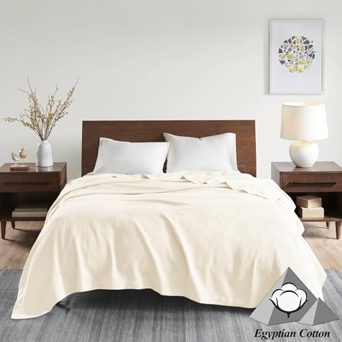 Madison Park Soft Certified 100% Egyptian Cotton Breathable Cozy Blanket, Premium Waffle Knit Classic Design, Luxury All Season Lightweight Cover for Bed, Couch and Sofa, Cream Twin(66"x90")