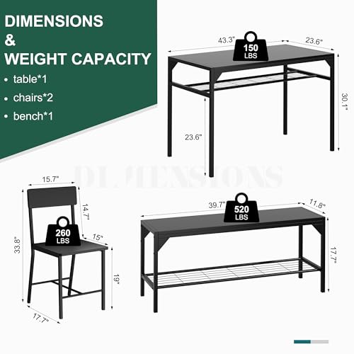 Shintenchi Kitchen Table Chairs Set of 4, Dining Table Set for 4 with Bench and Chairs, 4 Pieces Kitchen Table Set with Storage Rack & Metal Frame for Small Space, Black