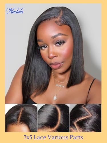 Nadula Yaki Straight Bob Drawstring Wig Human Hair Glueless Pre Cut 7x5 HD Bye Bye Knots Lace Front Wigs Human Hair Pre Plucked Invisible Knots Ready to Go Short Yaki Bob Wigs 150% Density 12inch