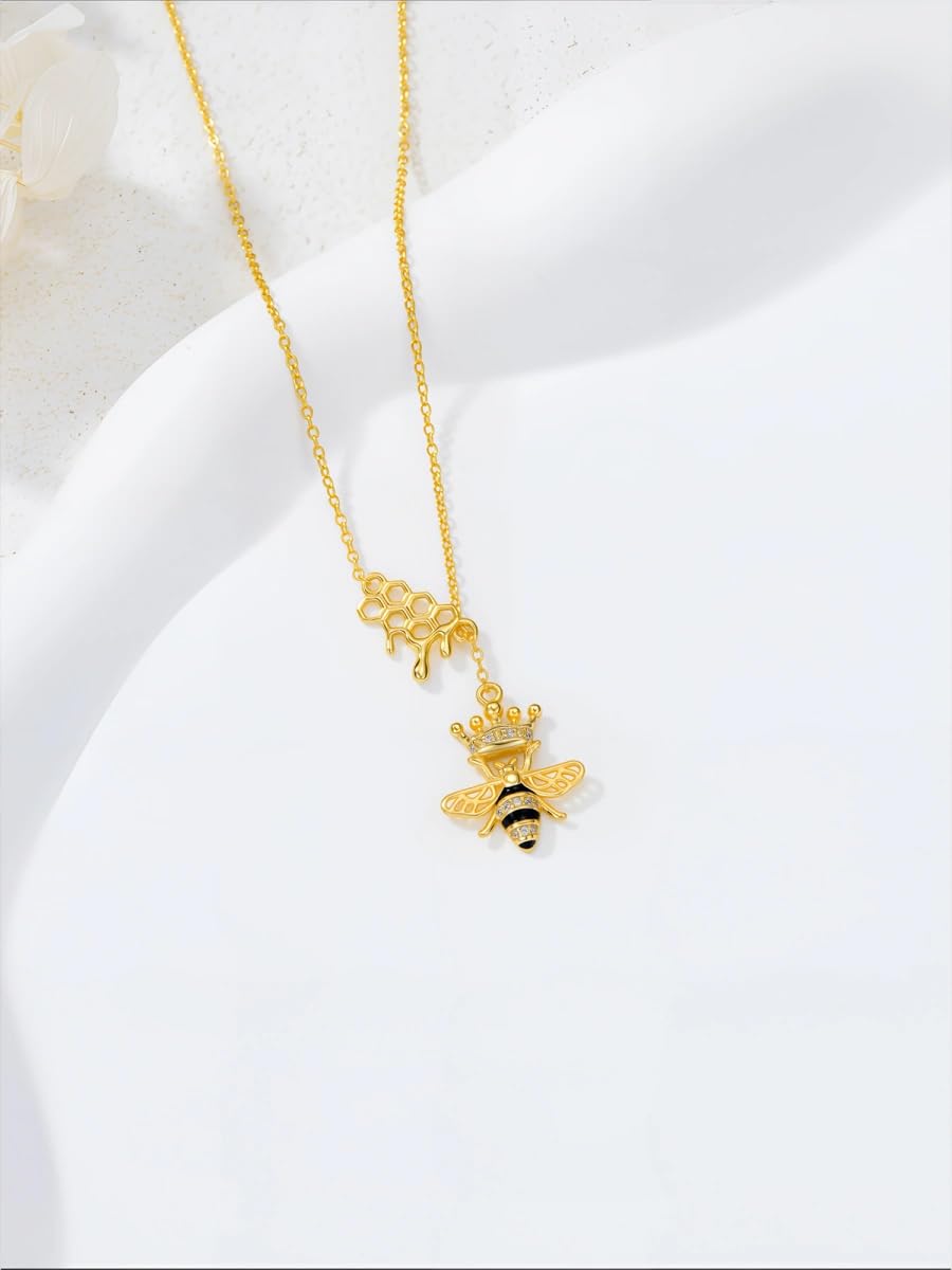 Lypic Bee Necklace 925 Sterling Silver Queen Bee Necklace with Honeycomb Bumblebee Crown Jewelry Gifts for Women