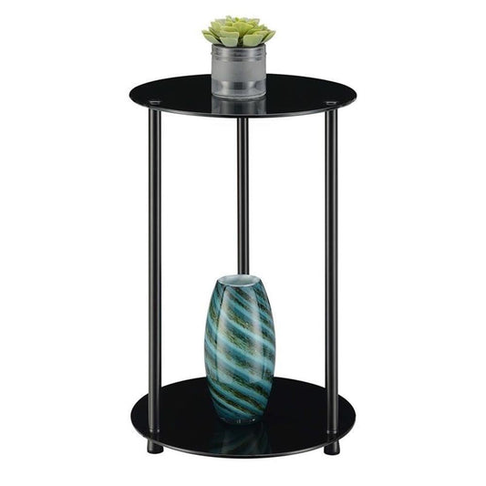 Convenience Concepts Designs2Go Classic Glass 2 Tier Round End Table 15.75" - Modern Side Table for Living Room, Tempered Glass Table with Storage Shelves for Bathroom, Bedroom, Office, Black/Black