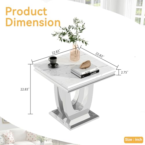 Marble End Table for Living Room, 22.8" Modern Suqare Sofa Side Table with Silver Stainless Steel U-Base, White Faux Marble Nightstand Bedside Tables Corner Tables for Bedroom, Home Office