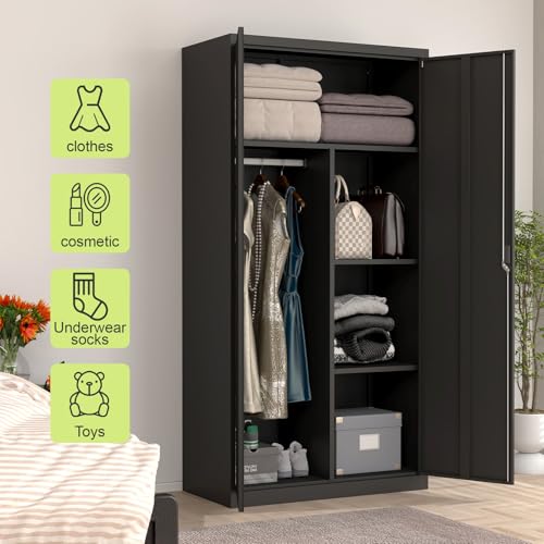Avanroolux Metal Storage Cabinet with Lock, Large-Capacity Wardrobe Closet with Hanging Rod and Shelf, 71'' Clothing Coat Steel Storage Freestanding Wardrobe for Office, Home, School and Gym (Black)