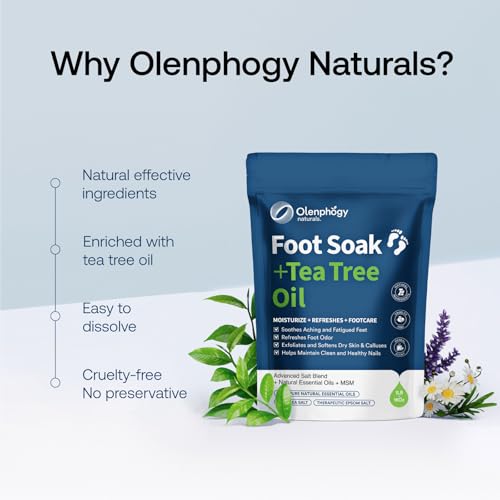 Tea Tree Oil Foot Soak with Epsom Salt - For Stinky Feet, Softens Callus, Cracked Heel Care, Toenail Repair - Epsom Salts for Soaking for Pain, Pedicure Foot Spa for Women, Men, 16oz