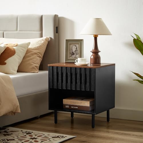 2 Set Nightstands with Grille Striped Doors, Mid Century Modern Nightstand, Bedside Table with Slatted Drawer Decor, End Tables Bedroom with Metal Legs,Room