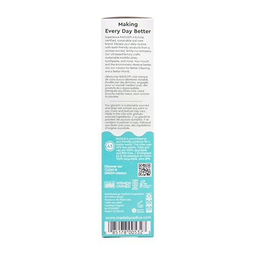 RADIUS Toothpaste, Mint Aloe Neem, 3 oz, USDA Organic Non-Toxic Chemical-Free Gluten-Free, Designed to Improve Gum Health & Prevent Cavities, Pack of 1