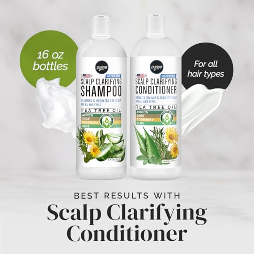 Puriya Tea Tree Clarifying Shampoo. Plant Rich Dry Itchy Scalp Relief, for Kids, Adults, Sulfate Free, No Harsh Chemicals Seen in Dandruff Treatment, Seborrheic Dermatitis, Psoriasis Shampoo, 16 oz