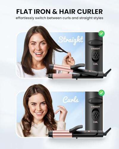 Dual Voltage Curling Iron, Travel Flat Iron Hair Curler in One for European, 1 1/4 Inch Ceramic Plates with Adjustable Temperature, Travel Size Glove Included, Black