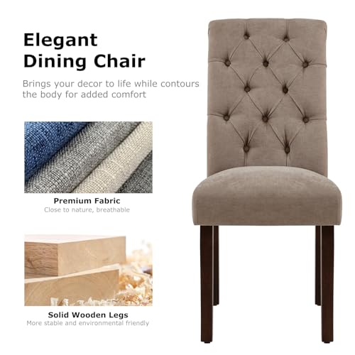 COLAMY Button Tufted Dining Chairs Set of 4, Parsons Upholstered Fabric Dining Room Chairs Kitchen Chairs with Wood Legs and Padded Seat, Taupe