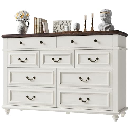 Jocoevol Cream Farmhouse Dresser for Bedroom, 9 Drawer Chest of Drawers, Tall Dressers for Bedroom Storage, Dresser for Closet, Dressers & Chests of Drawers (Cream, 53.5" Wide)