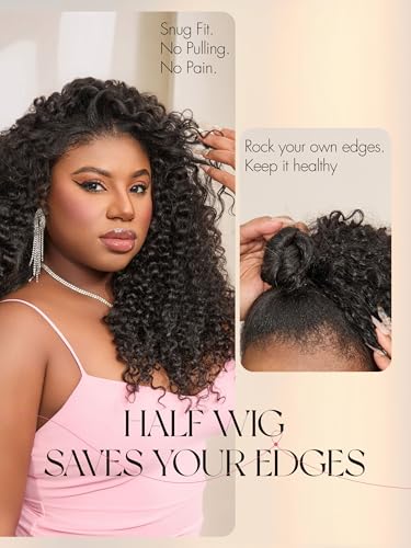 LUVME HAIR Half Wig Kinky Curly Flexi-Fit Invisi 3 in 1 Wigs Flip Drawstring Wig 200% Density Glueless Wigs 100% Human Hair Natural Black Ready to Go Headband Wig for Women 18 Inches