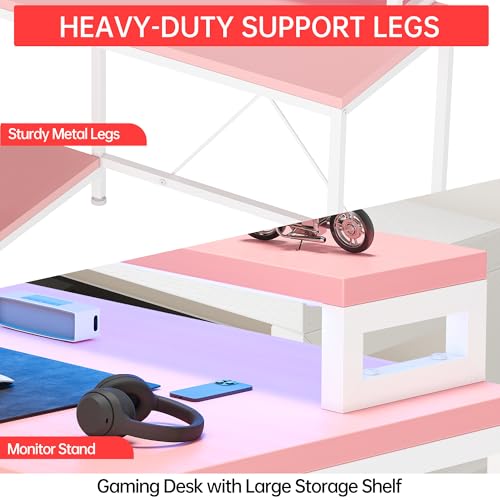 L Shaped Computer Desk with Power Outlets LED Lights Drawers Shelves Corner Gaming Desk Home Office Workstation Modern Ergonomic Design