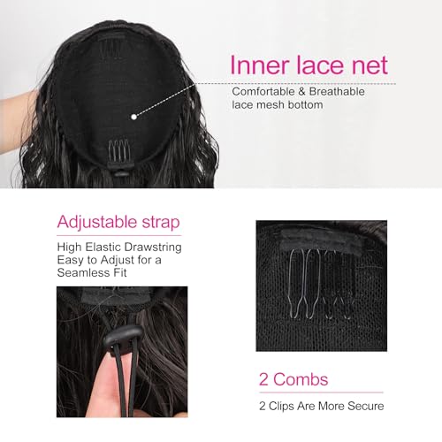 QGZ Black Ponytail Extension 14 Inch Drawstring Ponytail for Women Synthetic Short Curly Wavy Fluffy Clip in Ponytail Hair Extensions for Daily Halloween Use