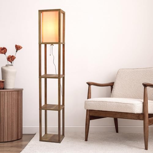 INHAI Modern Shelf Floor Lamp - Natural Wood Standing Lamp with Storage Shelves & Long Fabric Shade for Living Room, Bedroom, or Office (Adjustable Height) Ships from TX