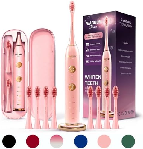 Wagner Stern WHITEN+ Edition. Whitening Electric Toothbrush with Pressure Sensor. Offers 5 Brushing Modes, 3 intensities, 8 Soft Brush Heads, and a Luxury Travel case.
