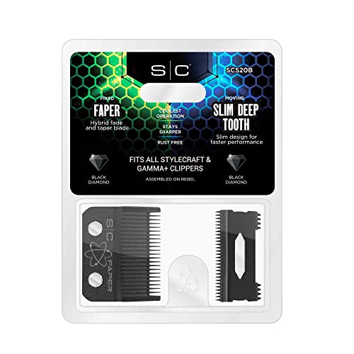 StyleCraft Replacement Fixed Black Diamond Carbon DLC Faper Hair Clipper Blade with Moving Black Diamond Carbon Slim Deep Tooth Cutter set