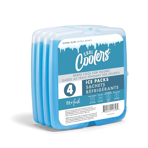 Cool Coolers by Fit & Fresh 4 Pack Slim Ice Packs, Quick Freeze Space Saving Reusable Ice Packs for Lunch Boxes or Coolers, Purple