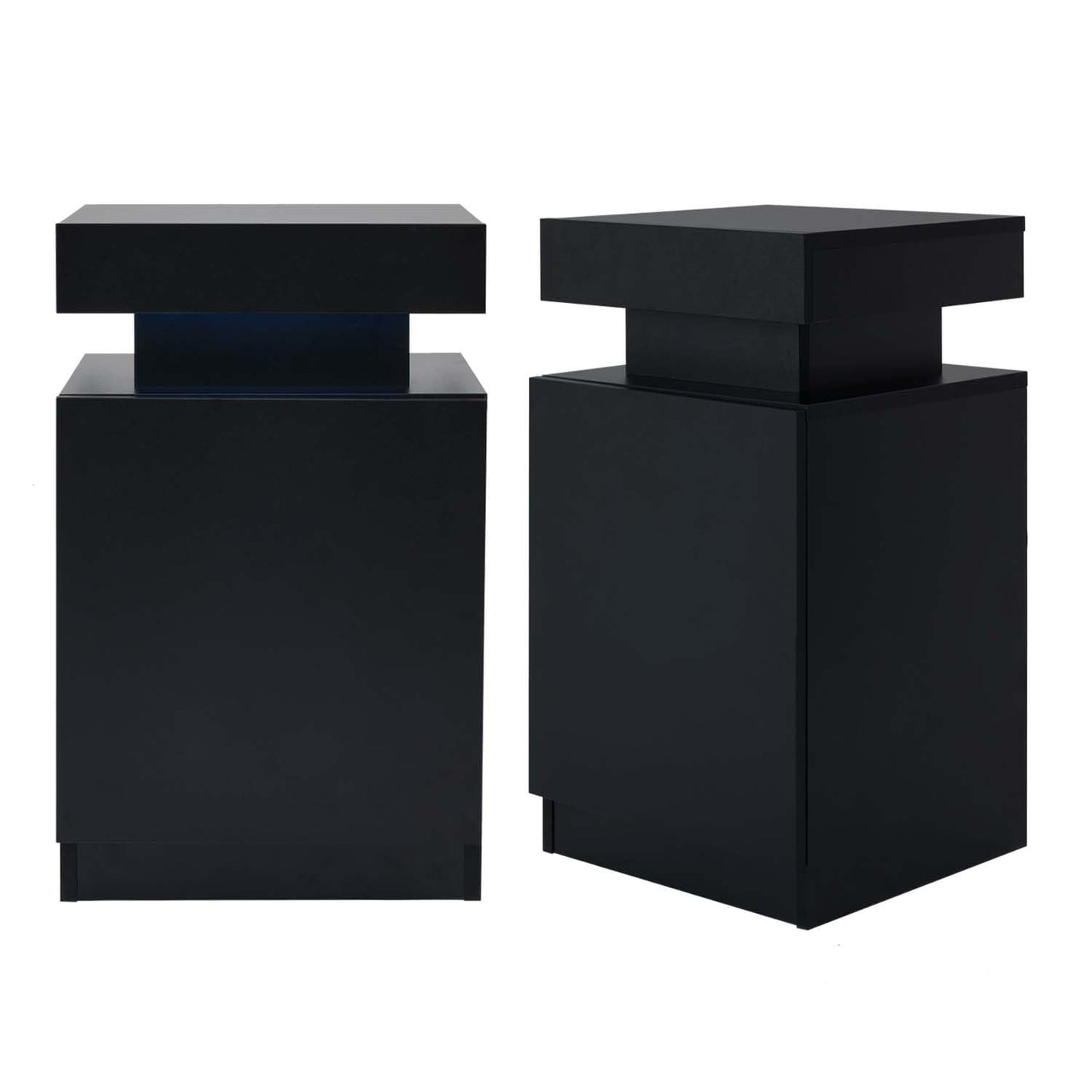 Black Nightstands with Set of 2, LED End Table Set with One Storage Cabinet, Modern Bedside Table with Door for Bedroom