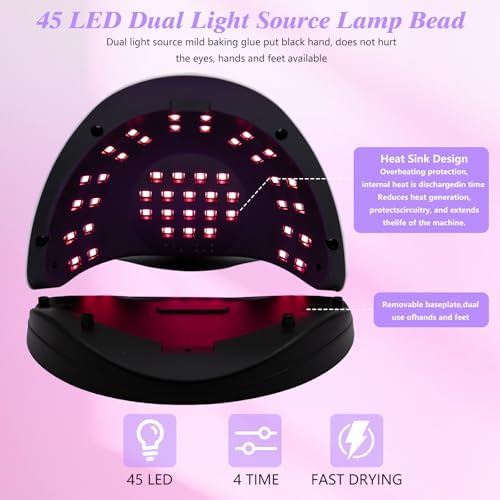 VINCAOR UV Light for Gel Nails, 180W Nail Dryer UV Nail Lamp, Nail Polish Light with 4 Timer Settings, 45 Beads, Polish Curing UV LED Dryer with Automatic Sensor（Purple Light