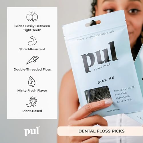 PUL Dental Floss Picks – Mint Teeth Flossers for Deep Cleaning, Removing Food Particles & Plaque – Shred-Resistant Nylon Floss, Plant-Based Handle, Fluoride Free – for Adults & Kids (200 Count)