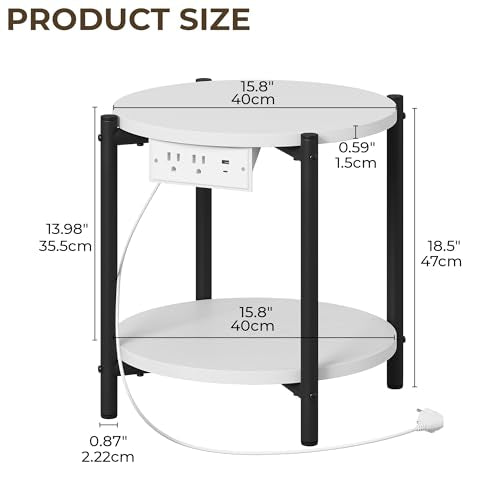 LIKIMIO Side Table with Charging Station, 2-Tier Round End Table with Lower Shelf, 15.8" W Modern Wooden Nightstand for Small Spaces, Living Room, Bedroom, White