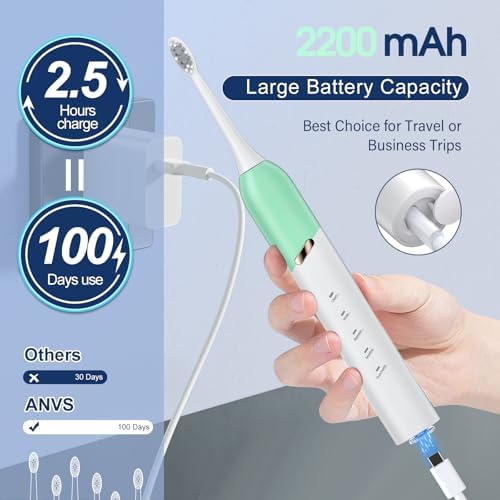 Electric Toothbrush for Adults, 5 Modes Sonic Toothbrush with 4 Brush Heads, 50000 VPM Deep Clean, 100-Day Battery Life, IPX7 Waterproof Rechargeable Toothbrushes Built-in Smart Timer, Green