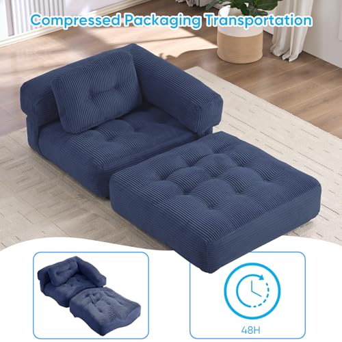 Mjkone 34" W Folding Sofa Bed, Convertible Sleeper Chair with Cushion Foldable Mattress with Armrest, Portable Fold Out Chair Comfy Floor Sofa Lounge for Living Room Bedroom Office, Navy Blue