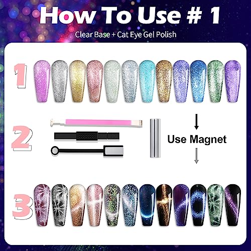 Clara Colors Cat Eye Gel Nail Polish Set - 12 Holographic Glitter Colors With Magnet, Romantic Galaxy Series, Long Lasting Soak Off UV LED