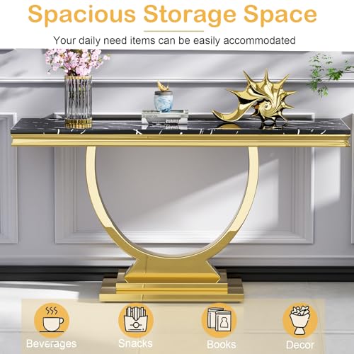Modern Marble Console Table with Stainless Steel O-Base, 47" Luxury Gold Entryway Table for Living Room, Black Faux Marble Sofa Tables Behind The Couch Hallway Tables for Entrance