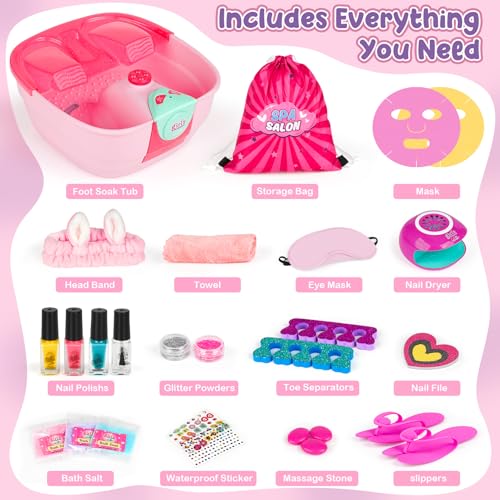 Kids Foot Spa & Nail Kit - Kids Spa Day Kit for Girls with Mask Foot Bath and Nail Dryer - Manicures Pedicure Toy Kit Nail Art Salon Girl Stuff - Christmas Birthday Gifts for 6 7 8 9 10-12 Year Old
