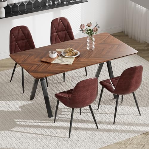 RGZ 63" Modern Rectangular Dining Table Set for 4, 5-PCS Rustic Walnut Kitchen Table & 4 Brown Upholstered Faux Leather Chairs, Mid Century Wood Dinner Table for Dining Room, Home, Living Room