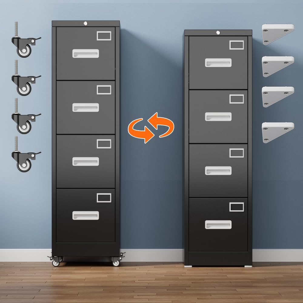 Aobabo 56" H 4 Drawer Moblie Office File Cabinet with Lock, Rolling Metal Filing Storage Cabinet, Legal/Letter A4 Sizel, Black, Assembly Required