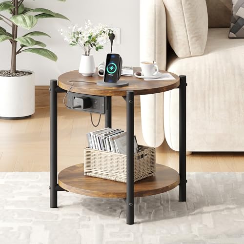 LIKIMIO Side Table with Charging Station, 2-Tier Round End Table with Lower Shelf, 15.8" W Modern Wooden Nightstand for Small Spaces, Living Room, Bedroom, Rustic Brown