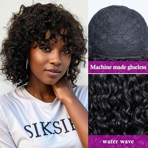 OnePart human wigs short water wave wig with bangs WWM2367M 100% brazilian virgin human hair machine made glueless for black women natural black 12inch