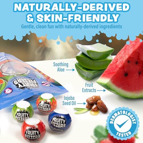 Tub Works® Fruity Fizzers™ Bubbling Bath Bombs for Kids, Variety 12 Pack | Dye-Free & Naturally-Derived | Gentle Kids Bath Bombs for Fizzy, Fruity, Bubbly Fun | Toddler BathBombs with Fruit Extracts