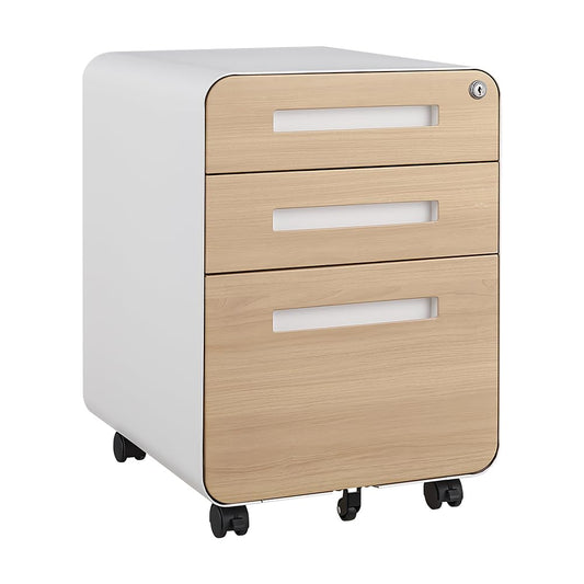 CuisinSmart 3 Drawer Mobile File Cabinet with Lock, Small Filing Cabinets 5 Wheel Anti-Tilt Design Rolling File Cabinet Fully Assembled (Except Casters) for Home Office Orange (White Natural)