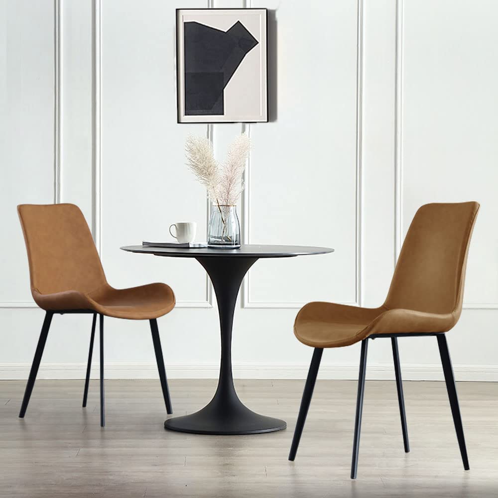 HIPIHOM Dining Chairs Set of 2, Modern Kitchen & Dining Room Chairs, Upholstered Faux Leather Cushion Seat and Sturdy Metal Legs (2 Brown Chairs)
