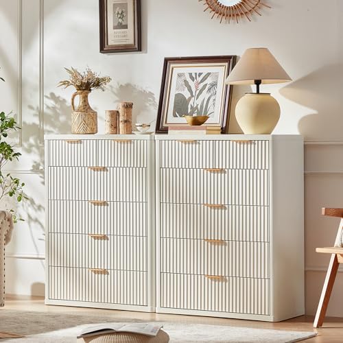LEYAOYAO Fluted 6 Drawers Dresser for Bedroom, 43" Tall Modern Chest of Drawers with Metal Handle, Curved Profile Design,White Wood Drawer Organizer for Bedroom, Living Room, Hallway, Entryway