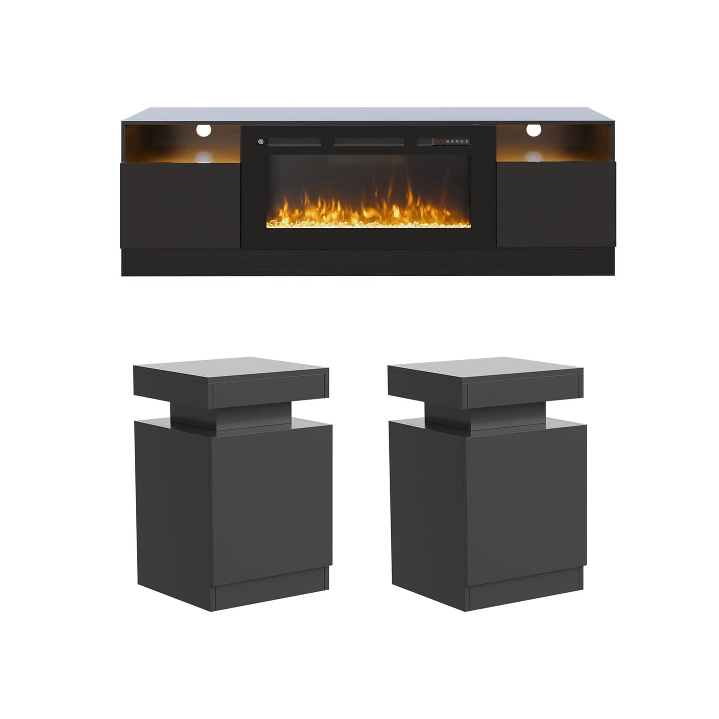 oneinmil 3-Piece Living Room Table Set Includes A 70'' Modern Fireplace TV Stand with 36'' Electric Fireplace, 2 Side Tables with Storage Space for Living Room, Bedroom, Black