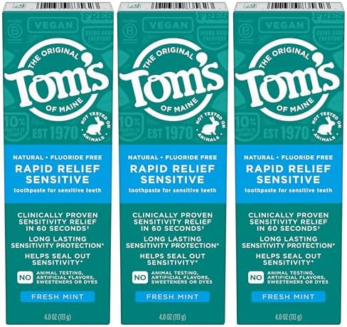 Tom's of Maine Fluoride-Free Rapid Relief Sensitive Toothpaste, Fresh Mint, 4 oz. 3-Pack (Packaging May Vary)