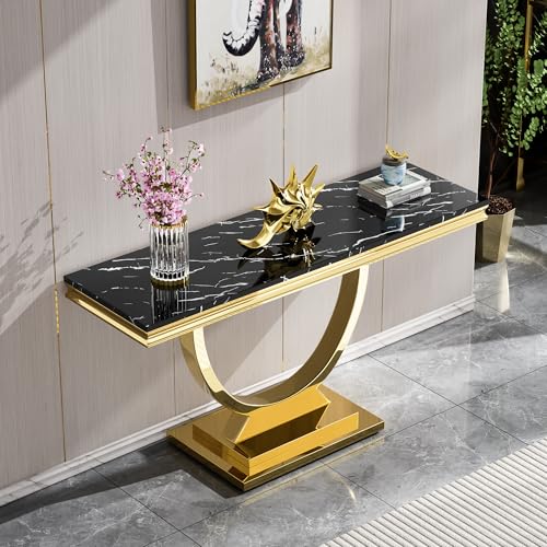 Modern Marble Console Table with Stainless Steel O-Base, 47" Luxury Gold Entryway Table for Living Room, Black Faux Marble Sofa Tables Behind The Couch Hallway Tables for Entrance