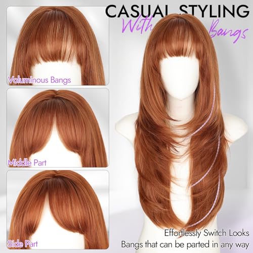 Long Ginger Wig with Bangs for Women,4x4 Realistic Scalp, Free Parting,Layered Hairstyle Synthetic Heat Resistant for Daily Party Use 26 inch