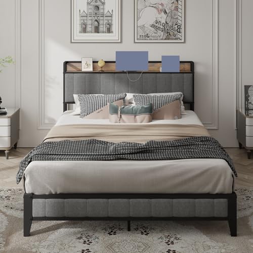 Bed Frame with Charging Station, Upholstered Headboard, Metal Platform, Grey Bed Frame