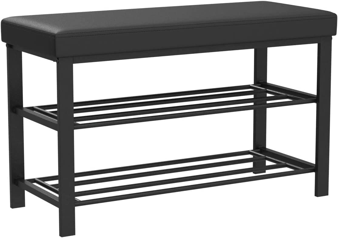 Finnhomy Entryway Shoe Rack with Cushioned Seat, Shoe Bench for Entry, 2 Shelves Storage Bench w/Faux Leather Top Bed Bench, Black