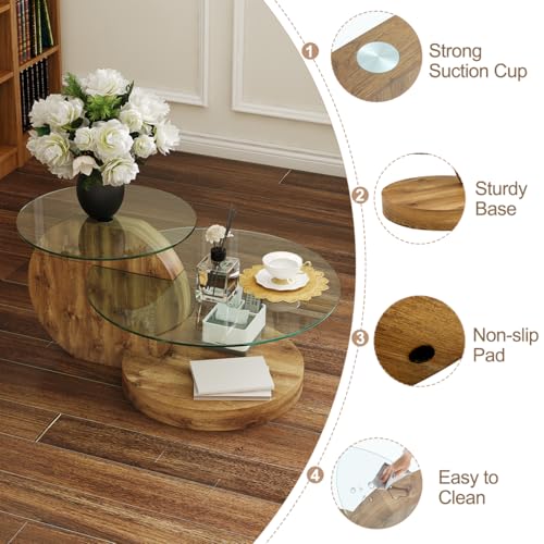 JCXINMZILY 35 Inch Glass Coffee Table，Round Coffee Table with 2-Tier Tempered Glass Tabletop，Easy to Clean Circle Coffee Table with Sturdy Base for Living Room，Office （Brown Colored Base）