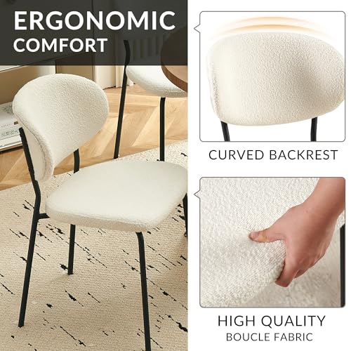 Howtek Dining Chairs Set of 2, Mid Century Modern Boucle Upholstered Fabric Kitchen Chairs with Curved Backrest & Metal Legs for Living Room, Dining Room, Vanity - Beige