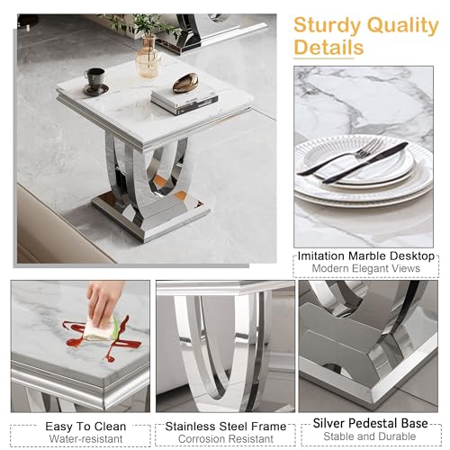 Marble End Table for Living Room, 22.8" Modern Suqare Sofa Side Table with Silver Stainless Steel U-Base, White Faux Marble Nightstand Bedside Tables Corner Tables for Bedroom, Home Office