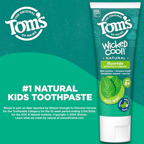 Tom's of Maine ADA Approved Wicked Cool! Fluoride Children's Toothpaste, Natural Toothpaste, Dye Free, No Artificial Preservatives, Mild Mint, 5.1 oz. 3-Pack