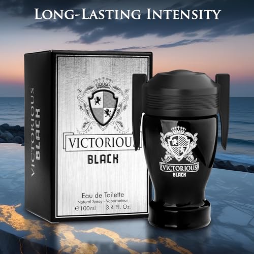 Victorious Black for Men Eau De Toilette 3.4 Fl Oz- Top Notes of Juicy Mandarin Orange & Grapefruit Blended with Sea Notes Base Notes of Ambergris, Guaiac Wood, Patchouli & Moss Elegant 100ml Bottle