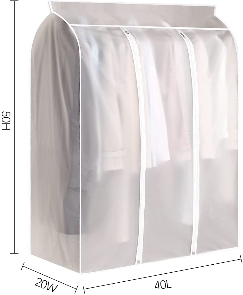 Aichong 50'' Garment Bags for Hanging Clothes, Large Translucent Frosted Garment Rack Cover Bags with Zipper and Hook and Loop Closure, Polyethylene Material, White
